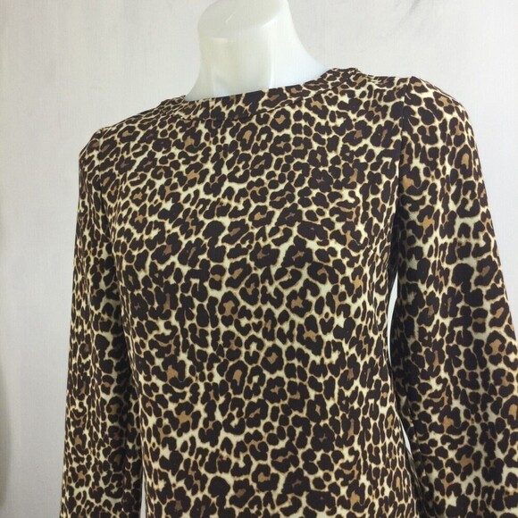 J. Crew Womens Leopard Print Crepe Long Sleeve Shift Dress Brown Sz 00 NWT K2150 - Picture 2 of 10